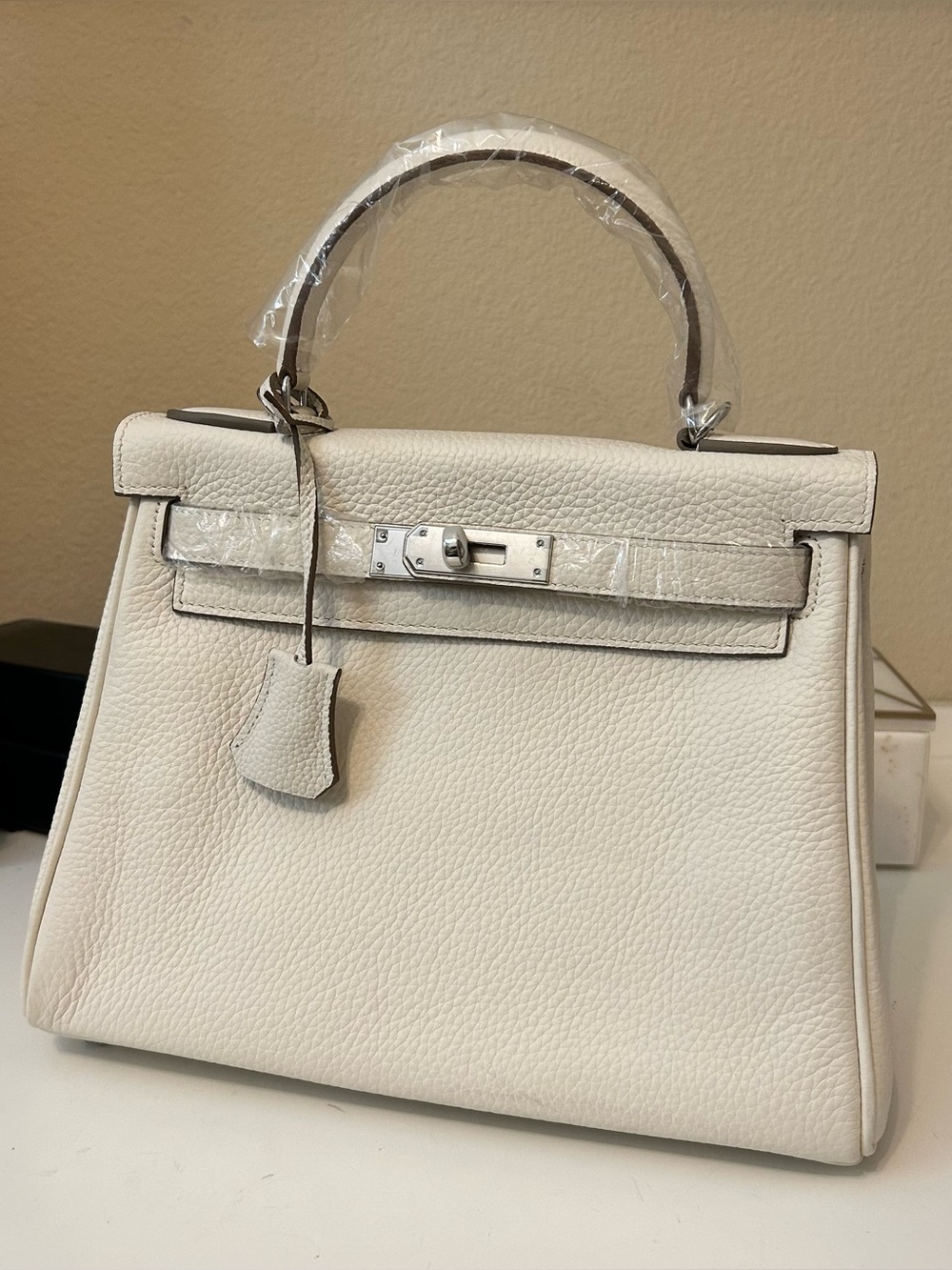 28cm Silver on Cream Top Handle Leather Satchel KL Style